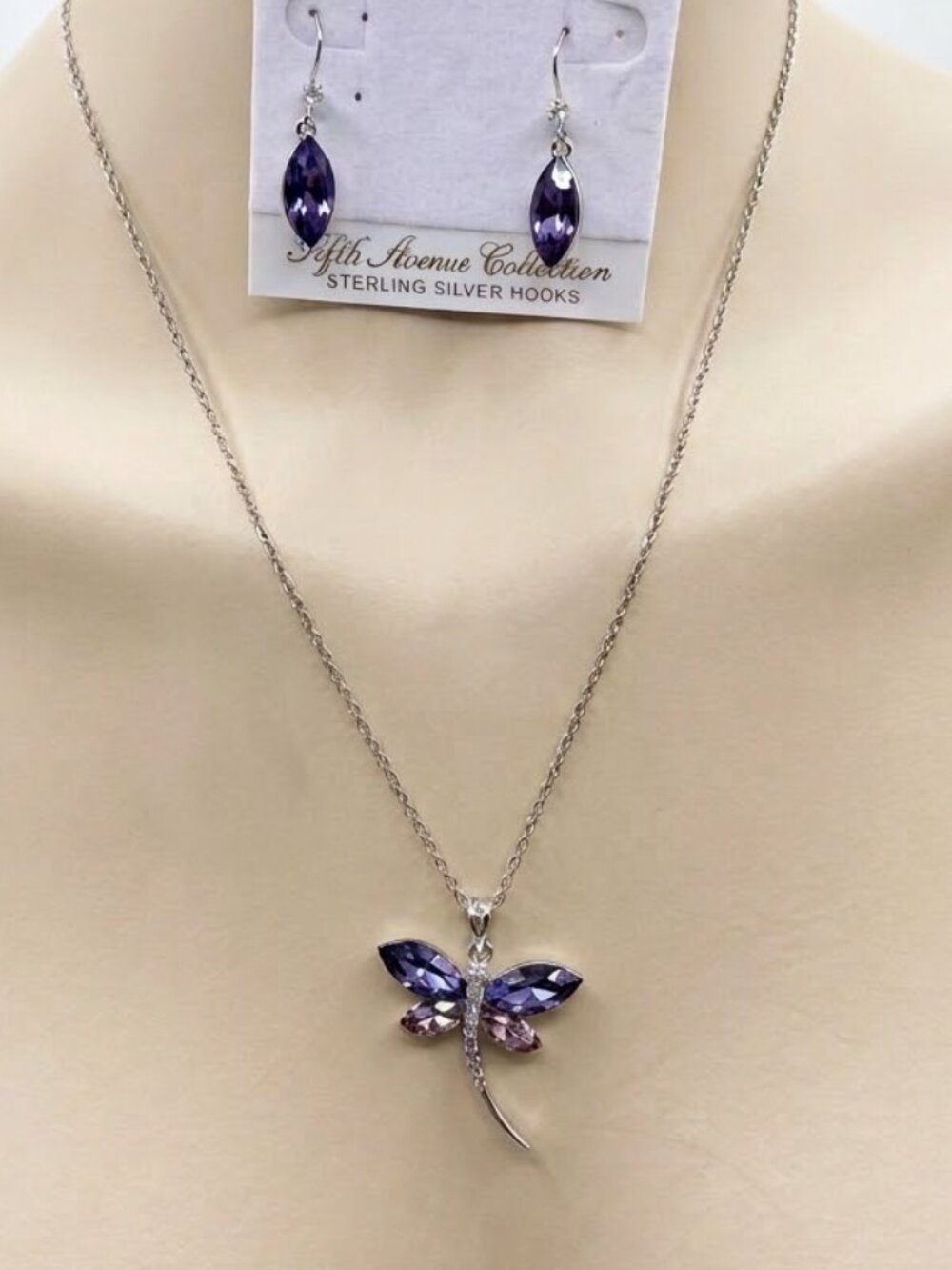 Fifth Avenue Amethyst Lavender Swarovski Crystal Dragonfly Pendant & Earring Set